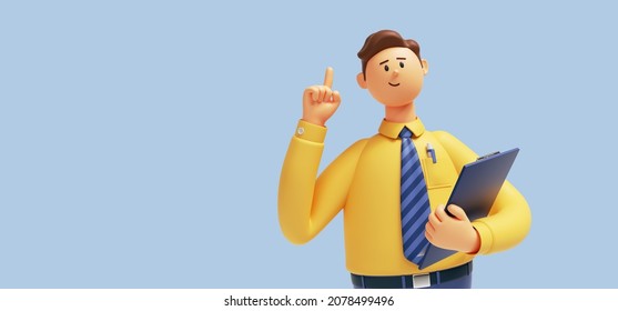 3d render. Cartoon character young caucasian man isolated on blue background. Smart guy wears yellow shirt, blue tie, holds clipboard, looks at camera with index finger up. Recommendation concept