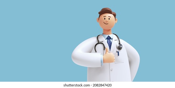 3d render. Cartoon character young caucasian man doctor, wears uniform, shows like gesture thumb up. Medical clip art isolated on blue background. Health care recommendation