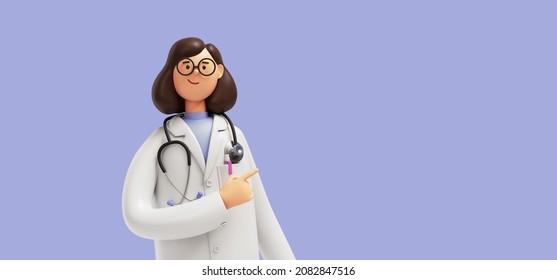 3d render. Cartoon character young caucasian woman doctor, wears glasses and uniform, shows direction with finger. Medical clip art isolated on blue violet background. Health care consultation