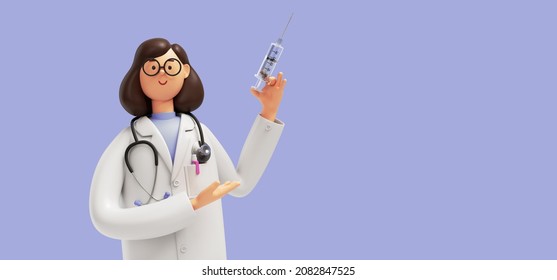 3d render. Cartoon character young caucasian woman doctor holds syringe with vaccine, wears glasses and uniform. Medical clip art isolated on blue violet background
