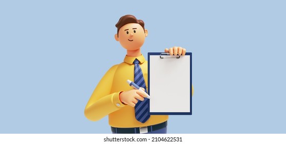 3d render. Cartoon character young caucasian man isolated on blue background. Funny guy wears yellow shirt, blue tie, holds clipboard with blank paper. Agreement or contract concept