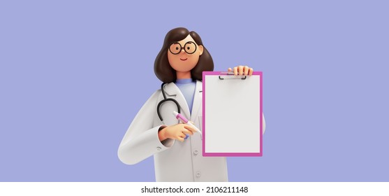 3d Render. Cartoon Character Young Caucasian Woman Doctor Holds Clipboard With Blank Page, Wears Glasses And Uniform. Medical Clip Art Isolated On Blue Violet Background. Health Insurance