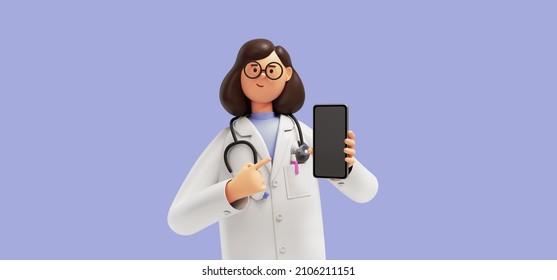 3d Render. Cartoon Character Young Woman Doctor Wears Glasses And Uniform. Medical Clip Art Isolated On Blue Violet Background. Holds Smart Phone With Blank Screen