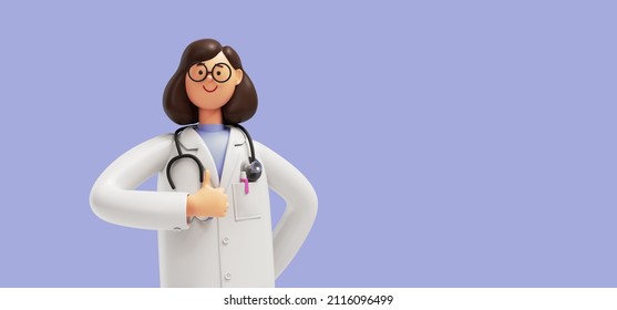 3d render. Cartoon character young caucasian woman doctor, wears glasses and uniform, shows like gesture thumb up. Medical clip art isolated on blue violet background. Healthcare recommendation