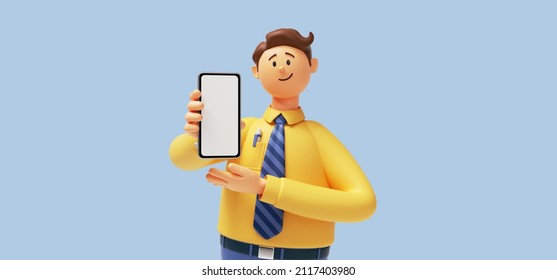 3d render. Cartoon character young man isolated on blue background. Guy wears yellow shirt, blue tie, looks at camera. Presentation concept. Successful businessman shows smart phone with blank screen