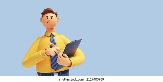 3d render. Cartoon character young caucasian man isolated on blue background. Cute guy wears yellow shirt, blue tie, holds clipboard, looks at camera. Social survey concept