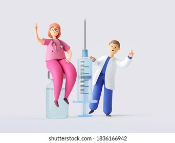 3d render of cartoon characters, two doctors man and woman give advice on vaccination. Medical clip art isolated on white background.
