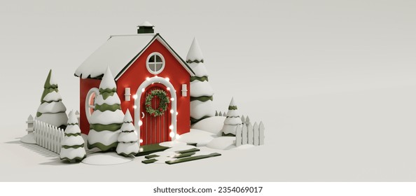 3d render of cartoon christmas house. The concept of New Year's town, santa's village. Greeting card with copy space with cute house and christmas trees in snow. Festive wreath on red door. - Powered by Shutterstock