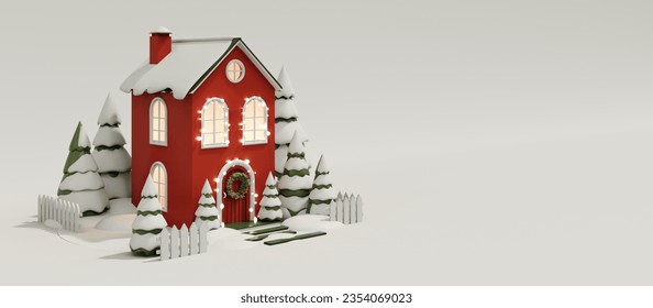 3d render of cartoon christmas house. The concept of New Year's town, santa's village. Greeting card with copy space with cute house and christmas trees in snow. Festive wreath on red door.
