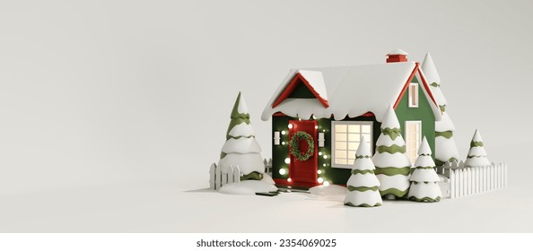 3d render of cartoon christmas house. The concept of New Year's town, santa's village. Greeting card with copy space with cute house and christmas trees in snow. Festive wreath on red door.