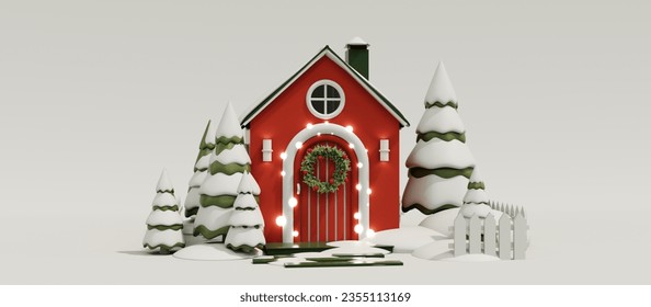 3d render of cartoon christmas house. The concept of New Year's town, santa's village. Greeting card with copy space with cute house and christmas trees in snow. Festive wreath on red door. - Powered by Shutterstock