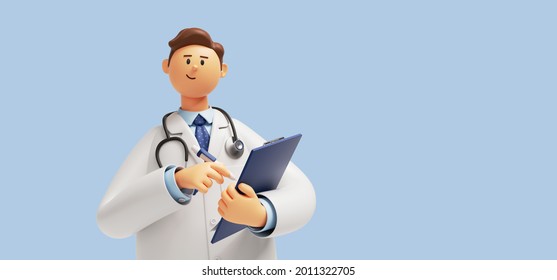 3d render. Cartoon doctor character holds clipboard. Clip art isolated on blue background. Professional consultation. Medical concept - Powered by Shutterstock