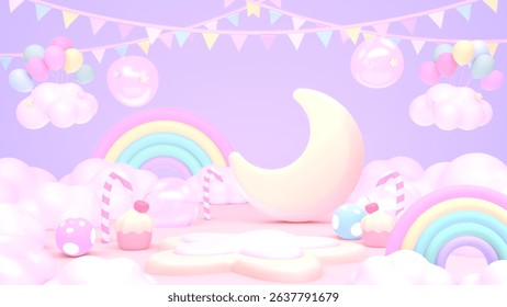 3D render cartoon empty star-shaped podium and moon in rainbow candy land.