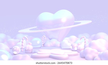 3D render cartoon empty star-shaped podium and glossy heart planet in candy land.