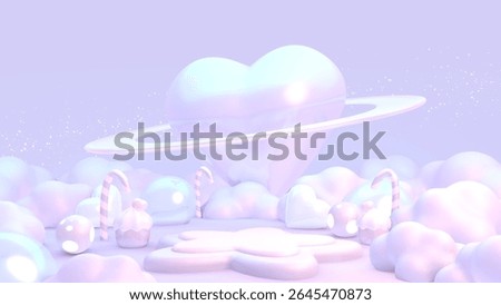 3D render cartoon empty star-shaped podium and glossy heart planet in candy land.