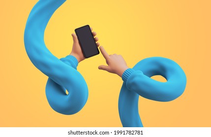 3d Render, Cartoon Flexible Hands In Blue Sweater Hold Smart Phone With Empty Screen. Touchscreen Technology. Funny Clip Art Isolated On Yellow Background