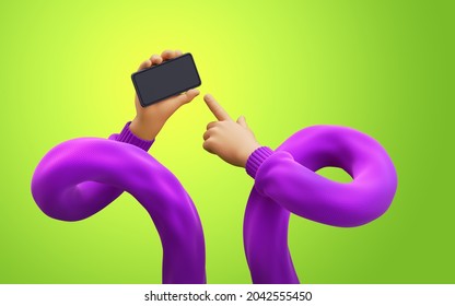 3d Render, Cartoon Flexible Hands In Purple Sweater Hold Smart Phone With Empty Screen. Touchscreen Technology. Funny Clip Art Isolated On Neon Green Background