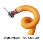 3d render, cartoon flexible spiral human hand holds screwdriver. Professional builder or constructor with building tool. Construction or renovation service clip art isolated on white background