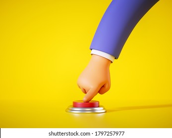 3d render, cartoon hand in blue sleeve pushes the red alert button isolated on yellow background. Launch metaphor, activation concept