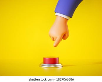 3d render, cartoon hand in blue sleeve is going to press the big red alert button isolated on yellow background. Launch metaphor, activation concept. Danger warning or fool protection