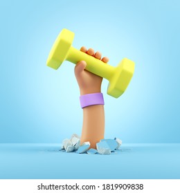 3d render cartoon hand holds yellow dumbbell, sport motivation clip art isolated on light blue background. Physical activity at home, indoor fitness exercise routine