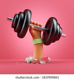 3d render cartoon hand holds heavy metal dumbbell, sport motivation clip art isolated on pink background. Physical activity power lifting at home, indoor fitness exercise routine