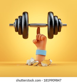 3d render cartoon hand holds black heavy dumbbell, sport motivation clip art isolated on yellow background. Physical activity at home, indoor fitness exercise routine
