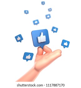 3d Render. Cartoon Hand. Like Icon On A Blue Pin Isolated On White Background.