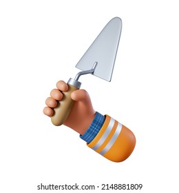 3d Render, Cartoon Human Hand Holds Trowel. Professional Bricklayer With Building Tool. Construction Icon. Masonry Service Clip Art Isolated On White Background