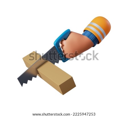 3d render, cartoon human hand holds jigsaw. Professional carpenter or woodworker with building tool. Crafts icon. Renovation service clip art isolated on white background