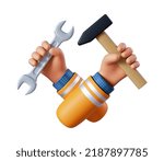 3d render, cartoon human hands hold hammer and spanner wrench. Professional carpenter or woodworker with building tool. Construction icon. Renovation service clip art isolated on white background