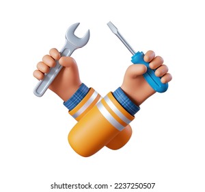 3d render, cartoon human hands hold screwdriver and spanner wrench. Professional builder or constructor with building tool. Construction icon. Renovation service clip art isolated on white background - Powered by Shutterstock