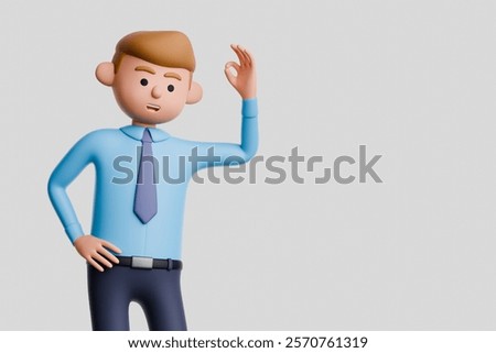 3d render of cartoon man character isolated on white background. Businessman in a blue shirt and tie, making an OK gesture.
