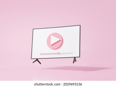 3D Render Cartoon Minimal Style Tv Modern Playing Floating On Pink Pastel Background, Wireless Media Connection ,internet ,banner ,copy Space, Illustration