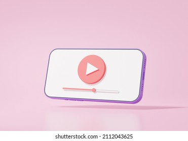 3D render Cartoon minimal style mobile modern playing video floating on pink background, wireless media connection ,internet ,banner ,copy space, illustration