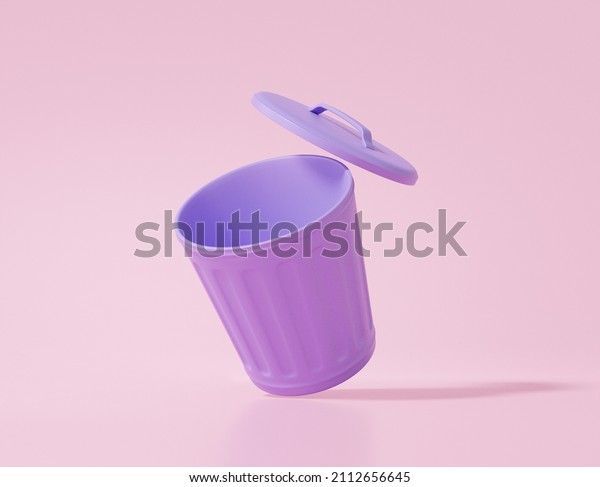 3D render Cartoon minimal style open purple\
trash floating on pink pastel background, environment concept\
,waste ,copy space,\
illustration