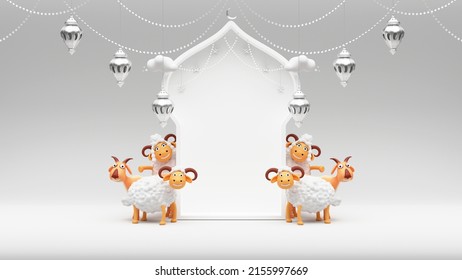 3D Render Cartoon Sheep With Goats Animal And Mosque Door Shape Decorated Hanging Lanterns, Stars, Clouds On Gray Background.