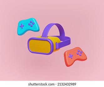 3d Render. Cartoon Style Minimal Virtual Reality VR Goggles Headset And Game Controllers.