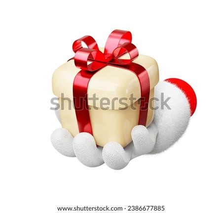 3d render cartoon stylized icon of Christmas gift icon. Santa Claus hand giving present box isolated on white background.