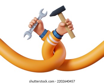 3d render, cartoon tangled flexible human hands hold hammer and spanner wrench. Professional carpenter or woodworker with building tools. Construction worker clip art isolated on white background - Powered by Shutterstock