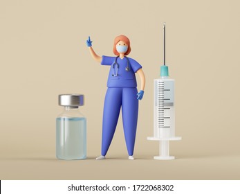 3d render. Cartoon woman doctor character with big syringe and glass bottle with clear blue liquid. Clip art isolated on neutral background. Vaccination medical concept. Vaccine against virus - Powered by Shutterstock