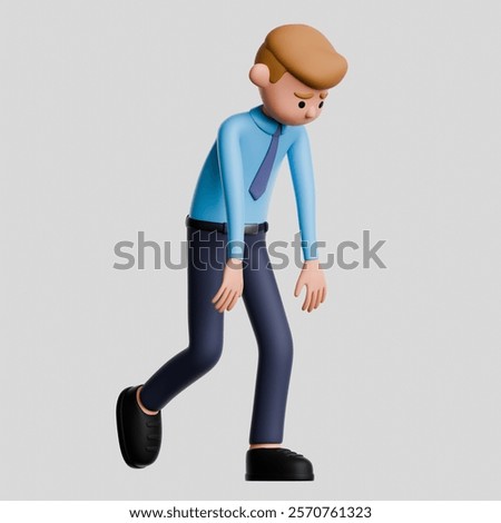 3d render of cartoon young man character isolated on white background. Sad and tired walking businessman in a formal blue shirt and tie.