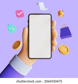 3d Render Of Cash Back Concept, People Getting Cash Rewards And Gift From Online Shopping, Isolated On Purple Background