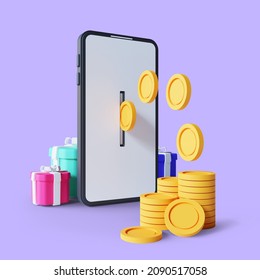 3d render of Cash Back concept, people getting cash rewards and gift from online shopping, isolated on purple background