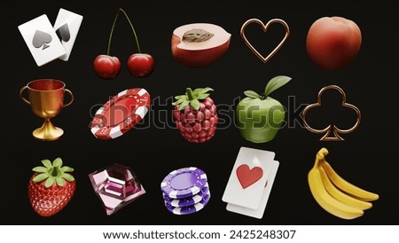 3d render Casino game slots set icon in different angles. Flying elements for online casinos and mobile gambling applications, poker -winner.