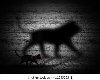 3D render of a cat walking with lion shaped shadow against a brick wall