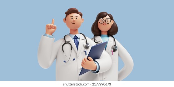 3d render, caucasian man and woman doctors, holds clipboard and shows index finger up. Medical colleagues hospital staff. Cartoon characters isolated on blue background - Powered by Shutterstock