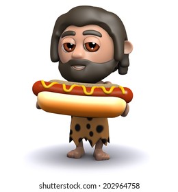 3d Render Of A Caveman With A Hot Dog