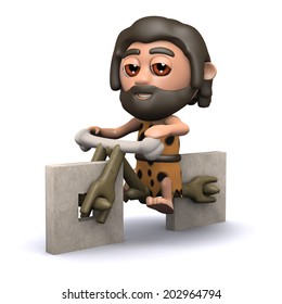 3d render of a caveman on a stone bicycle with square wheels