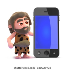 3d Render Of A Caveman With A Smart Phone